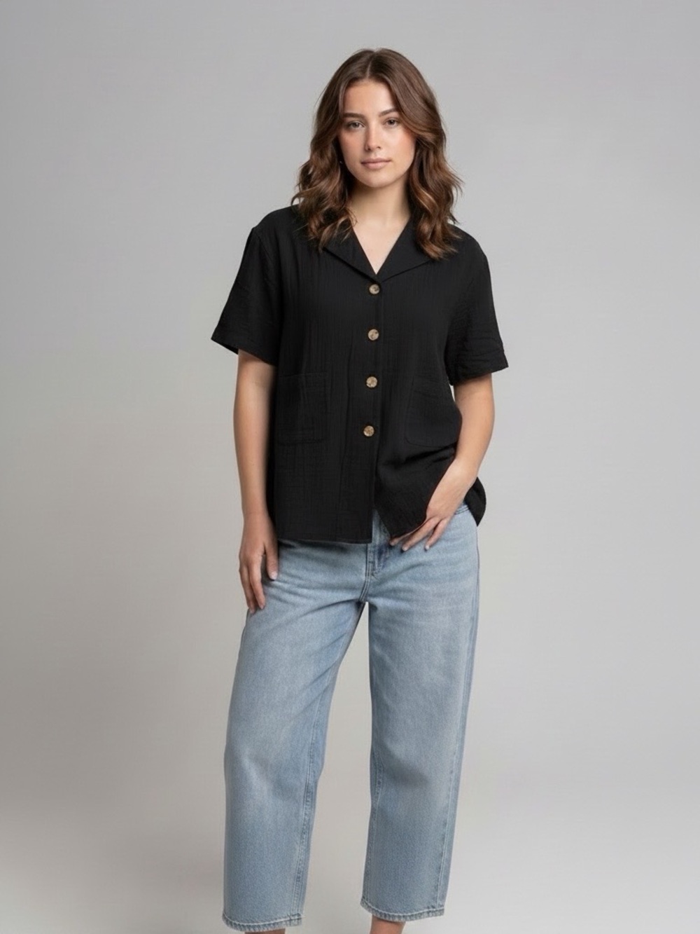 Button-Front Short Sleeve Top in Black